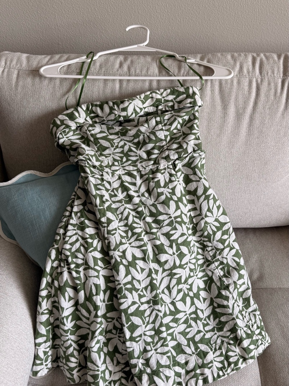 Abercrombie & Fitch Olive Green and White Strapless Leaf-Print Dress